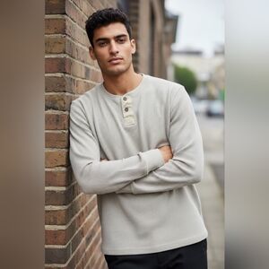 Roebuck & Co Thermal Waffle Knit Henley Shirt Men’s Large Beige Long Sleeve Work